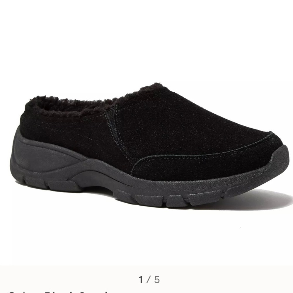 Lands End Womens Black Suede All Day Comfort Walking Clogs Wide 11D Fur Lining